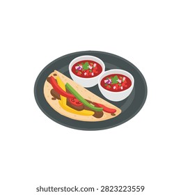 Isometric Vector Illustration of Mexican Beef Taco with Bell Peppers and Two Bowls of Spicy Salsa