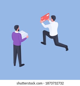 Isometric vector illustration of minimal contemporary guys with carton box and red envelope while making shipments against bright blue background
