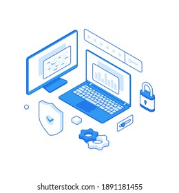 Isometric vector illustration of minimal modern computer monitor and laptop with protected data and graphs depicted near various security related icons