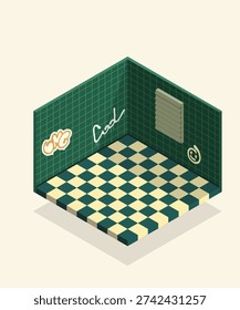 Isometric vector illustration of a minimalist room corner with checkered floor and green grid walls. Creative 3D interior mockup with graffiti and window blinds for gaming and tech concepts.