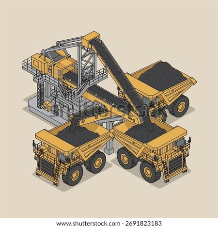 An isometric vector illustration of a mining operation. Three large yellow haul trucks are being filled with coal or ore from an industrial conveyor belt system.