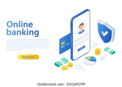 Isometric vector illustration of a mobile bank. Digital financial services and online shopping. Internet banking by phone. access to money on a bank card through an application on a smartphone. 