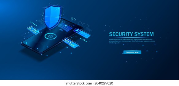 Isometric vector illustration of mobile data security. A smart application protects your smartphone from theft and hacker attacks. The Internet of Things is an automatic protection technology. Vector
