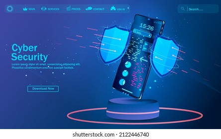 Isometric vector illustration of mobile data security. A smart application protects your smartphone from theft and hacker attacks. The Internet of Things is an automatic protection technology. Vector