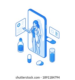 Isometric vectorial ilustración del teléfono móvil con especialista médica femenina que ofrece prescripción a pacientes que representan la aplicación contemporánea de servicios de salud en línea