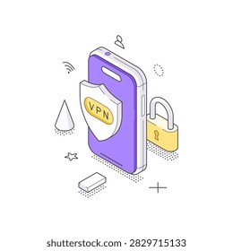 Isometric vector illustration of mobile security. Concept for a virtual private network, data encryption, personal privacy, smartphone protection, and secure internet access