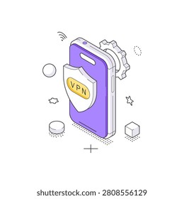 Isometric vector illustration of a mobile VPN service. A concept for a secure internet connection, online privacy, and network data protection using a virtual private network