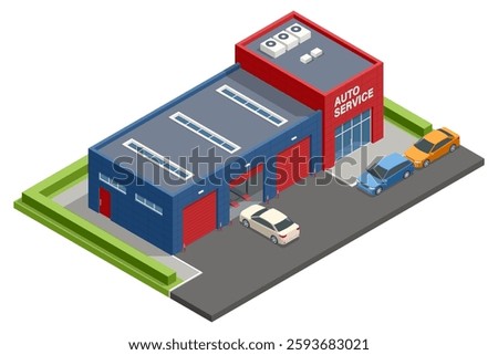 Isometric vector illustration of a modern auto service center with red and blue exterior, multiple garage bays, and cars parked outside, providing a clean automotive repair environment.