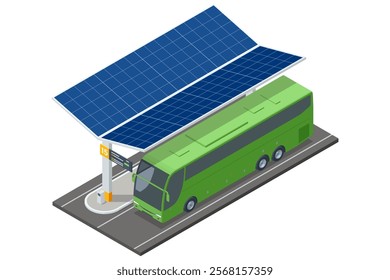 Isometric vector illustration of a modern bus charging station with solar panels and a green long-distance bus parked. Concept of sustainable transportation and energy