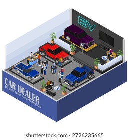 Ilustración vectorial isométrica de la sala de exposición de concesionarios de automóviles modernos con vehículos eléctricos, Clientes y personal de ventas, que representan ventas de automóviles, marketing y promoción de vehículos eléctricos.