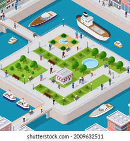 Isometric vector illustration of a modern city with people a marina and a river embankment.