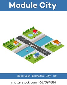 Isometric vector illustration of  modern city with a marina and  river embankment with  park