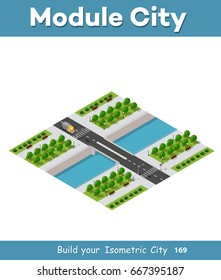 Isometric vector illustration of  modern city with a marina and  river embankment with  park