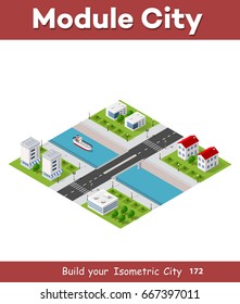 Isometric vector illustration of a modern city with a marina and river embankment. Dimensions of houses, buildings and urban areas with transport routes, boats and ships