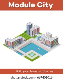 Isometric vector illustration of a modern city with a marina and river embankment. Dimensions of skyscrapers, houses, buildings and urban areas with transport routes, boats and ships