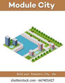 Isometric vector illustration of a modern city with a marina and river embankment. Dimensions of skyscrapers, houses, buildings and urban areas with transport routes