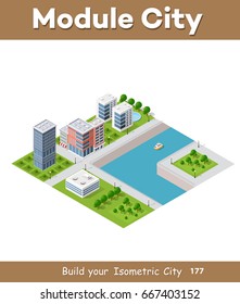 Isometric vector illustration of a modern city with a marina and river embankment. Dimensions of skyscrapers, houses, buildings and urban areas with transport routes, boats and ships