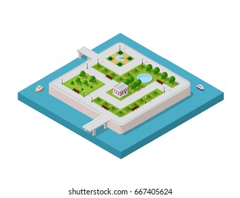 Isometric vector illustration of a modern city with a marina and river embankment. Water park on the island
