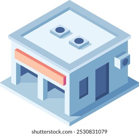 Isometric vector illustration of a modern commercial building with a garage door, large blank sign, and air conditioning units