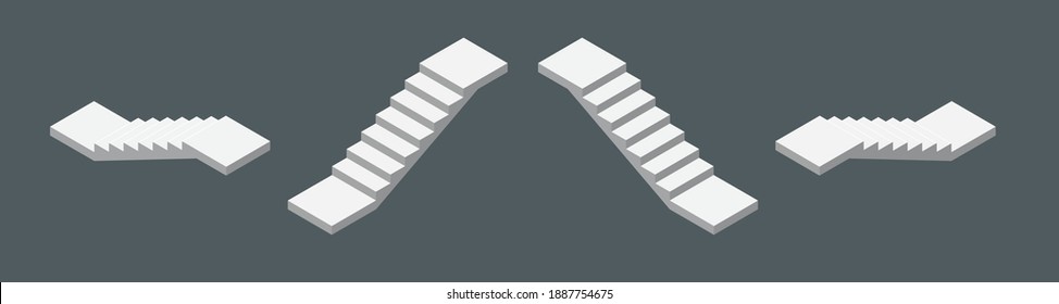 Isometrische Vektorgrafik moderne Betontreppen für Außen- oder Innenräume einzeln auf dunklem Hintergrund. Reihe von Stufen oder Treppen in verschiedenen Positionen Vektorsymbole in flachem Cartoon-Stil.