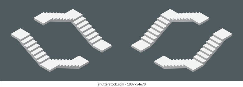 Isometric vector illustration modern concrete staircases for exterior or interior isolated on dark background. Set of steps or stairs in different positions vector icons in flat cartoon style.