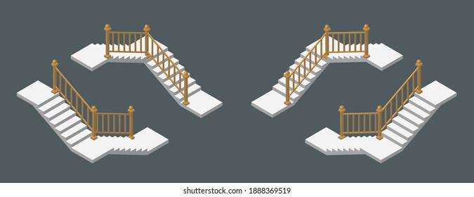 Isometrische Vektorgrafik moderne Betontreppen für Außen- oder Innenräume einzeln auf dunklem Hintergrund. Reihe von Stufen oder Treppen in verschiedenen Positionen Vektorsymbole in flachem Cartoon-Stil.