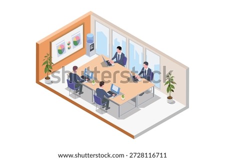 Isometric vector illustration of a modern corporate office interior. A team of four professional business people working on laptops at a communal desk. The scene includes a whiteboard with data analytics pie charts, a water dispenser, indoor plants, and large windows. Concept for teamwork, coworking space, startup environment, and digital productivity.
