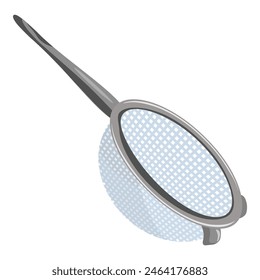 Isometric vector illustration of a modern kitchen utensil strainer with handle, made of metal wire mesh, isolated on white background. Perfect for cooking, food preparation, and filtering