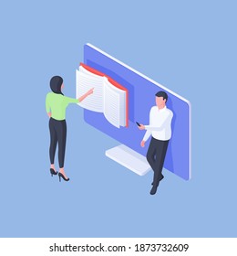 Isometric vector illustration of modern male and female students browsing smartphone and reading group near computer monitor on blue background