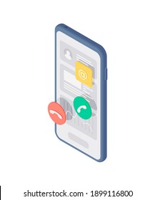 Isométrica ilustración vectorial de teléfonos móviles modernos con símbolos de correo electrónico y aplicaciones de mensajería para comunicación de negocios aislados en fondo blanco