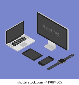 Isometric vector illustration modern monitor, computer, laptop, phone, tablet and smart watch.