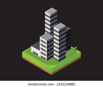 edificios de oficinas isométricas, centro de negocios, ilustración vectorial