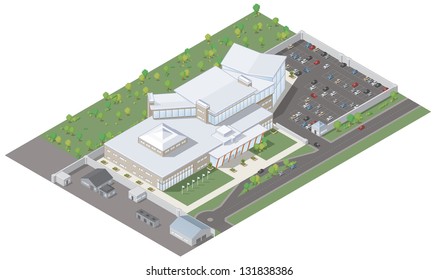 Isometric vector illustration of a modern office block building including outbuildings, car park, road, cars and trees.