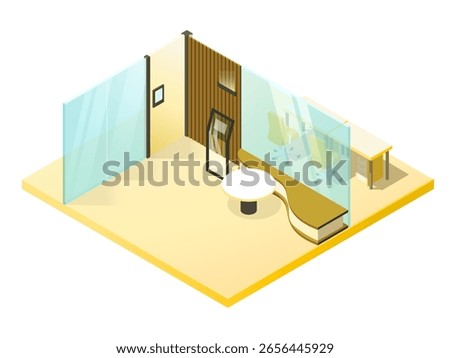 An isometric vector illustration of a modern office entrance. Includes digital facial recognition monitor, unmanned reception, and glass-walled interior. 