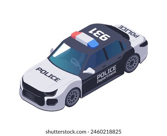 Isometric vector illustration of modern police car isolated on a white background, depicting law enforcement transportation