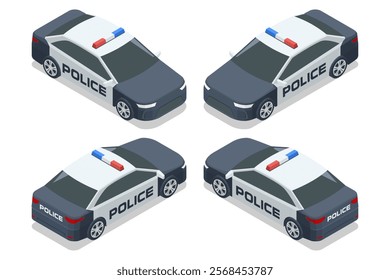 Isometric vector illustration of modern police cars in a set of four angles. Designed for law enforcement, crime prevention, and public safety visuals.