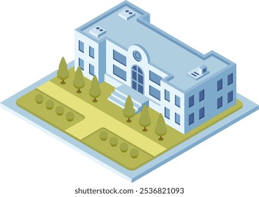 Isometric vector illustration of a modern public building with surrounding garden, representing urban architecture and city planning