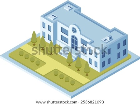 Isometric vector illustration of a modern public building with surrounding garden, representing urban architecture and city planning