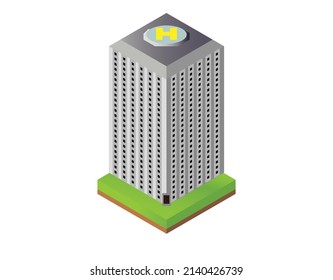 isometric vector illustration of a modern skyscraper featuring a yellow helipad on its roof and a multitude of windows. The building stands on a green grass square, isolated white, vector illustration
