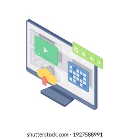 Isometric vector illustration of monitor of modern computer with video and audio file near online calendar and cloud storage sign