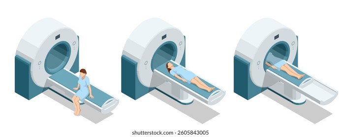 Isometric vector illustration of MRI consultation, a female patient sitting on MRI table talking to doctor holding medical records, pre-scan discussion. X-ray, radiology,