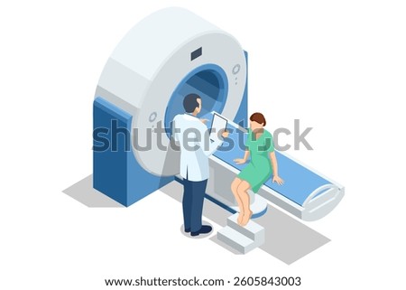 Isometric vector illustration of MRI consultation, a female patient sitting on MRI table talking to doctor holding medical records, pre-scan discussion. X-ray, radiology,