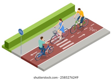 An isometric, vector illustration of multiple cyclists using a dedicated bicycle path with marked lanes, a bike sign, and road safety indicators