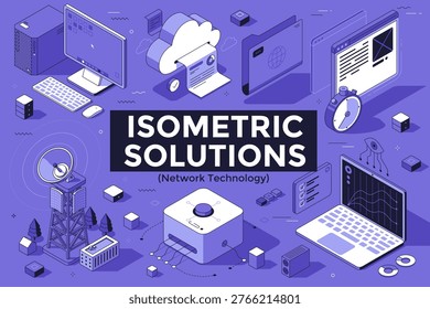 Isometric vector illustration of network technology elements with computer, server, cloud and data center. 3D cartoon style vector icons. Concept of modern global digital communication infrastructure.