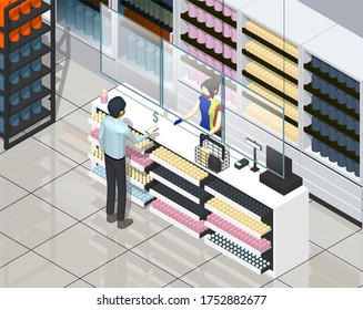 Isometric vector illustration of new normal mini market transaction. Sales girl stand behind protection transparent layer, wearing mask and hand gloves. Customer pay with electronic money.  