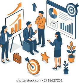 Ilustración vectorial isométrica de los objetivos de negocio del Nuevo año y planificación del crecimiento.
Incluye el desarrollo de estrategias, el establecimiento de objetivos, el análisis de rendimiento y los conceptos de crecimiento empresarial.
Adecuado para presentaciones corporativas, startups, infografías y materiales de planificación.
Ilustración vectorial de stock totalmente editable.

