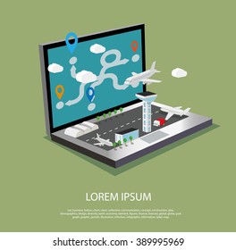 Isometric vectorial ilustración de cuaderno con aeropuerto. Concepto de servicios de reservas y viajes.
