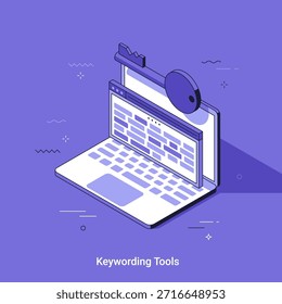 Ilustración vectorial isométrica con portátil con llave en pantalla para la optimización de la Palabra clave. Concepto de marketing digital y tecnología de motores de búsqueda para negocios en línea.