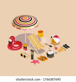 Isometric vector illustration off sixteen summer stuff. Sitable for summer season,vibrant, sale, party, etc.