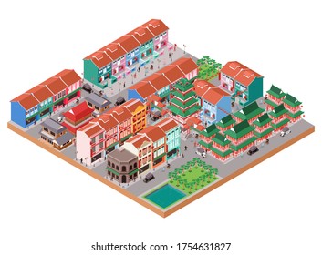 Isometric Vector Illustration Old China Town Area With Traditional And Colonial Buildings And The People Activities